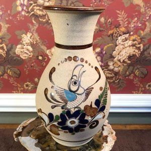 Mexican pottery - Tonala Brown Beige Blue Signed Vase